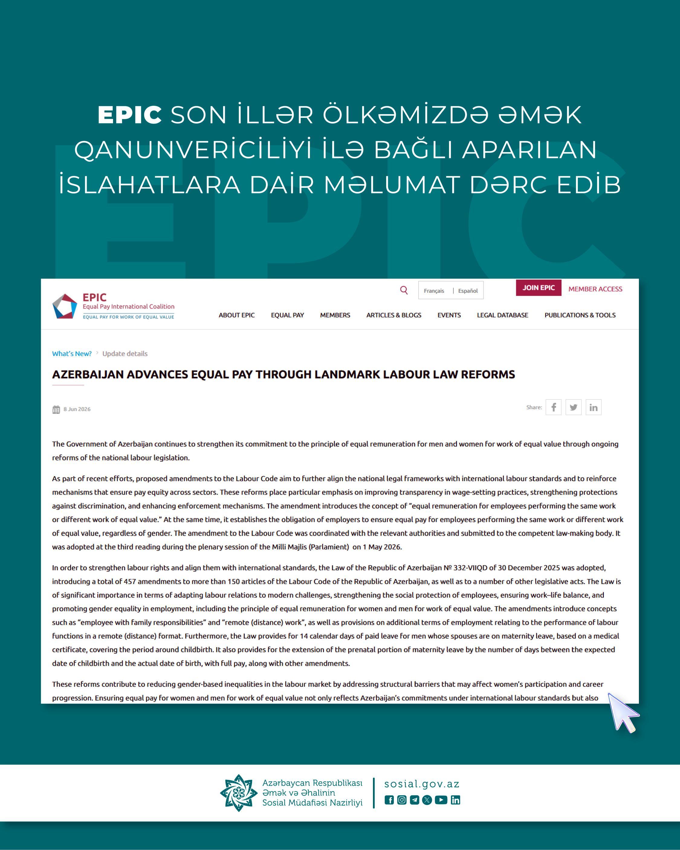 EPIC son illər ölkəmizdə əmək qanunvericiliyi ilə bağlı aparılan islahatlara dair məlumat dərc edib