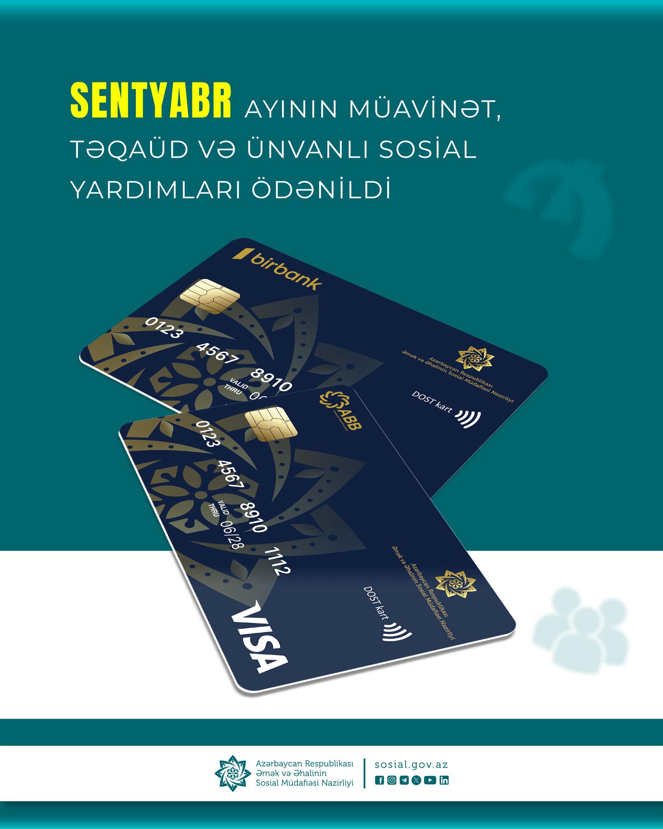 Sentyabr ayının müavinət, təqaüd və ünvanlı sosial yardımları ödənildi